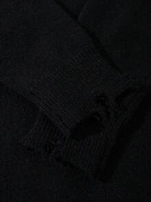 ANDREILEE Autumn/Winter New Unisex Distressed Fringe Casual Loose American Style Knit Pullover Sweater Top, Long Sleeve - Black - View 6