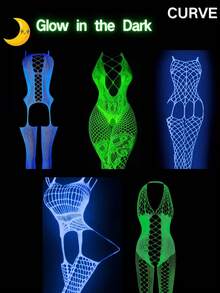5-Piece Set Of Women's Luminous Halterneck Fishnet Bodysuits, Lingerie, Glow In The Dark Fishnet Body Stockings, Women's Sexy Lingerie Set, Luminous Costumes, Fluorescent Party Role Play Novelty Costumes, Exotic Costumes, Women's Sexy Bodysuits, Body Stockings - trắng - Xem 10
