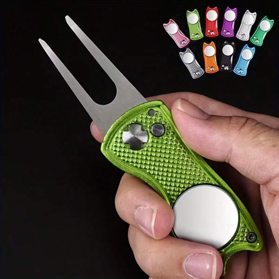 1 pieza Herramienta plegable premium para reparar marcas de bolas de golf, con mango de aleación de aluminio vibrante - Herramienta compacta y duradera de metal para reparar hoyos en el campo de golf, con agarre texturizado - Multicolor - Ver 1