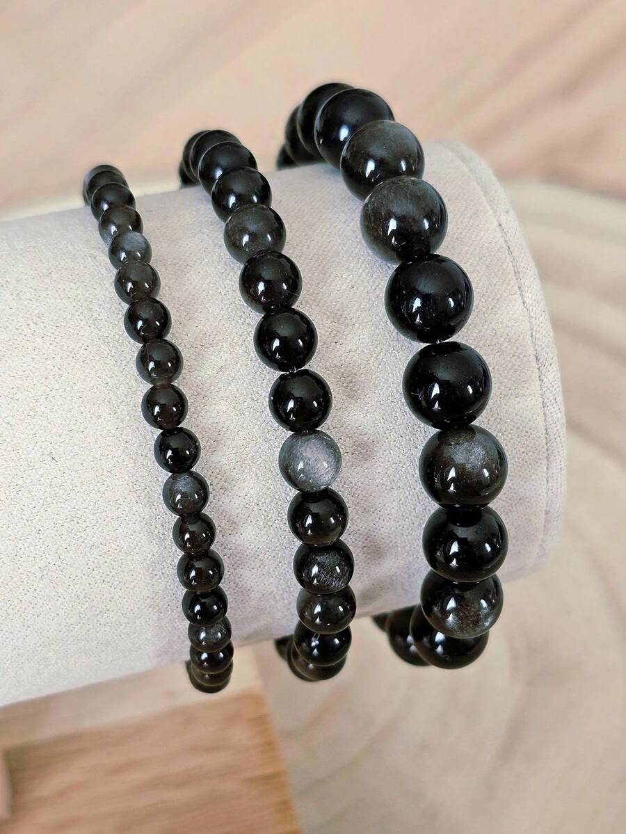 1 件天然石银黑曜石串珠手链，半宝石保护手链，自信，内在力量疗愈瑜伽冥想珠宝礼物，适合男女 - 黑色 - 查看 1