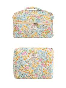 1 Piece/Set Floral Pattern Multi-Functional Cosmetic Storage Wallet Pouch, Portable Makeup Brush Storage Bag With Zipper Closure. It Can Hold Lipsticks, Brushes, Skincare Products, Mobile Phones, Coins And Small Items, Suitable For Home, Travel, Vacation And School Use.