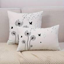 1 pieza Funda de cojín con diseño minimalista de diente de león en blanco y negro, decoración de mariposa, tela de poliéster impresa por un solo lado, adecuada para la decoración del hogar moderno
