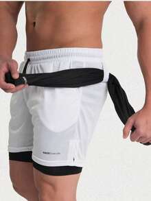Kit 2 Bermuda 2em1 Masculino Academia Proteção UV Bolso pra Celular e Alça para toalha/camiseta - Branco+Marinho - Visão 7