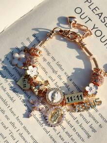 1pc Religious Virgin Mary Charm Bracelet, 1pc Religious Jesus Cross Bracelet, 1pc Fashionable Sakura DIY Bracelet, 1pc Angel Number 1111 Bracelet - Gold - View 10