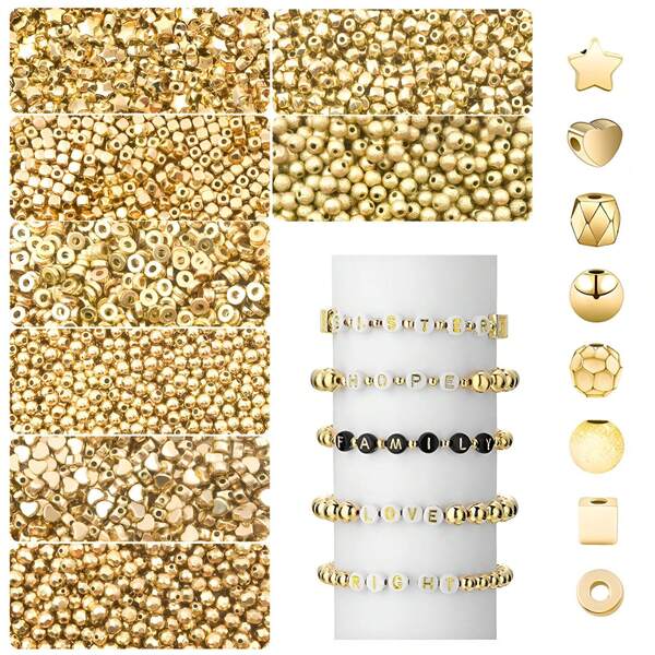 100pcs Gold Plated Cylinder Faceted Star & Heart Spacer Beads For DIY Bracelet Necklace Earring Jewelry Making