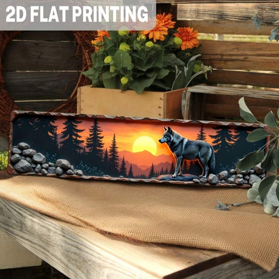 2D Flat, 1pc Rustic Wolf At Sunset Metal Wall Art Sign - Vintage Wilderness Theme 2D Flat Design, Durable Metal Wall Hanging Decor For Living Room, Bedroom, Cabin, Office - 3.93x15.74 Inch, 2D Flat - 彩色 - 查看 1