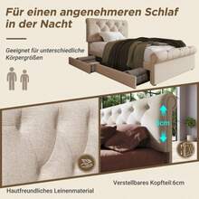 Single Upholstered Bed 90x200cm, Bed Frame With 2 Drawers And Height-Adjustable Headboard, Chesterfield Functional Bed, Natural, With Mattress - Natural + Metal & Wood + 90cm*200cm(Mit Matratze) - View 3