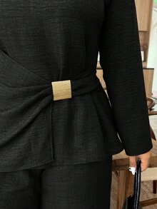 2件套加大码女士优雅纯色束腰金属扣装饰套装，适合婚礼、情人节、春假、海滩装扮，黑色 - 黑色 - 查看 2