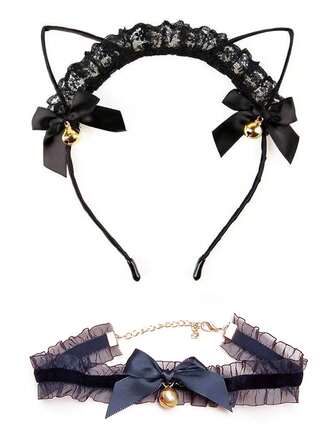1 Set Of 2pcs Women Black Sexy Mesh Ear Headband, Bowknot Collar With Bell, Costume Accessories, Halloween Gift, Party Supplies