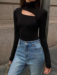 Women's Solid Color Knit Fabric Asymmetric Hollow Out High Neck Long Sleeve Tight Fitting Top, Elegant Slim Fit T-Shirt For School, Office, Single Party - Black - View 4