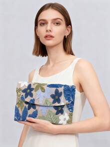 Sequin Embroidered Floral Envelope Clutch, Women's Fashion Sequin Patchwork Handbag, Party Evening Bag, Random Cut, Suitable For Women, Suitable For Parties, Weddings, Galas, Etc., Perfectly Matches Holiday Party Dresses, Evening Gowns And Sequin Dresses. Shiny Sequin Bag, Elegant Choice For Women. - Multicolor - View 3