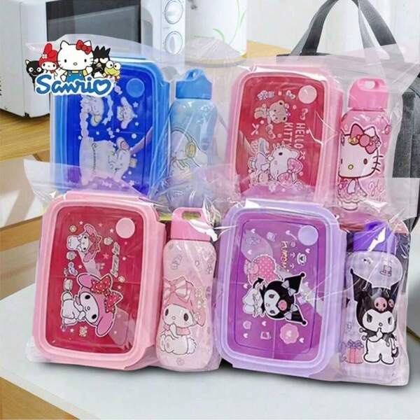 Sanrio 1 Stück offiziell lizenzierte Sanrio Hello Kitty, Kuromi, Cinnamon, Melody Bento Box Set mit passender Wasserflasche - Süße, auslaufsichere Lunchbox für Schule, Arbeit und Reisen