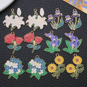 5/12 Pcs Fashionable Enamel Flower Bouquet Plant Charms Rose And Sunflower Gold-Plated Pendants For DIY Bracelets, Necklaces, Earrings, And Jewelry Craft Accessories