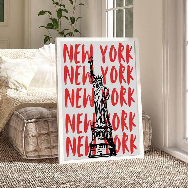 1 Stück New York City Wandkunst Bild Freiheitsstatue mit fett rotem "NEW YORK" Text Leinwanddrucke Stadtreise Poster Stilvolle & lebendige Wanddekoration für Wohnzimmer Schlafzimmer Geschenk für Sie gerahmt oder ungerahmt