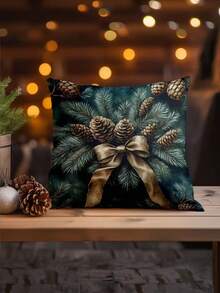 1/2/4pcs Large Square Christmas Cushion Cover - Pine Cones, Golden Bows - Dark Green Holiday Decor - Zipper Closure - Fits Living Room, Bedroom, Entryway - Seasonal Home Accent Pillow Case - Easy-Clean Fabric, Christmas Pillow Covers, Festive Room Decoration, Pinecone Pattern