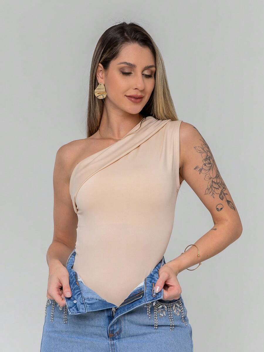 Women's Elegant Asymmetrical One-Shoulder Tank Top Bodysuit - 米色 - 查看 1