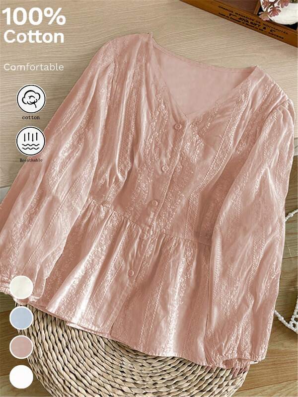 Plus Size Women's Sweet V-Neck Short Sleeve High Waist Embroidered Blouse Top, Suitable For Commuting, Spring/Autumn