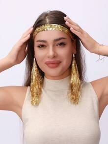 一套女士复古70/80年代迪斯科配饰 - 亮片发箍 + 流苏耳环，适合复古迪斯科风格、圣诞节、万圣节、派对、嘻哈音乐节，吸睛组合，适合女孩派对装扮