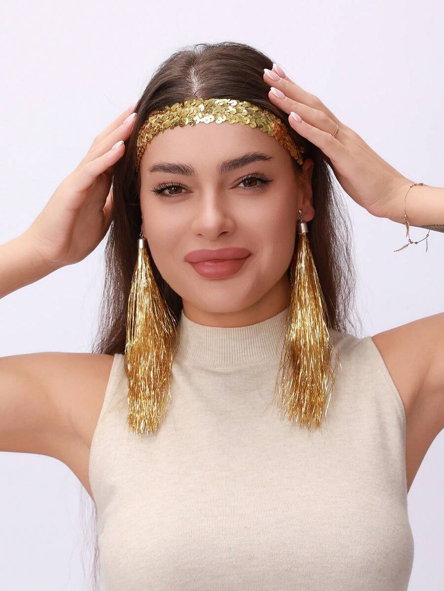 一套女士复古70/80年代迪斯科配饰 - 亮片发箍 + 流苏耳环，适合复古迪斯科风格、圣诞节、万圣节、派对、嘻哈音乐节，吸睛组合，适合女孩派对装扮