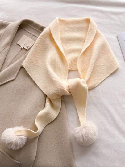 1 pieza Bufanda de punto de unicolor estilo coreano casual con bola de pelo, bufanda de cuello cálida de mujer, chal de pashmina suave, poncho de estilo invernal cálido unisex, suave y cómodo, para uso diario y salidas, como regalo de Navidad.