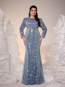 Plus Size Fall Winter Elegant Luxury Shiny Sequin Embroidered Fitted Mermaid Evening Dress, Long Sleeve Waist Cutout Striped Tulle For Party Festival - Blue - View 5