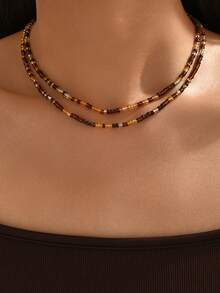 1 Set Of 2pcs Handmade Beaded Necklace Set, Vintage Elegant Design With Brown Rice Beads, Suitable For Women's Daily, Vacation, And Party Wear (Bead Positions Random)