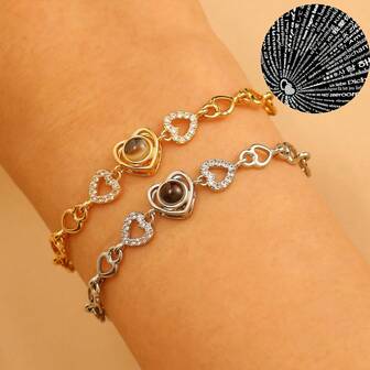 1pc Minimalist "I Love You" In 100 Languages Heart Projection Bracelet, Fashionable Jewelry Gift For Partner