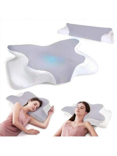 Memory Foam Pillow, Neck Support Ergonomic Kussen Side, Back Stomach Sleepers, Contoured Bed Breathable Cover, White/Grey