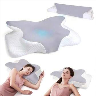记忆海绵枕头，颈部支撑人体工学枕头，适合侧睡、仰睡和俯睡者，带透气枕套的波状床枕，白色/灰色