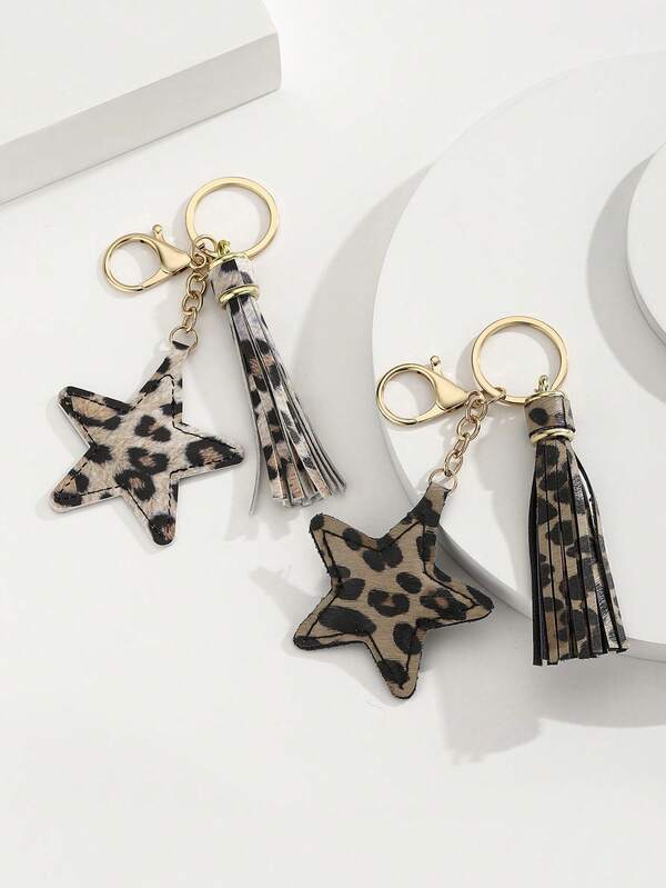 1 قطعة DIY تميمة حقيبة مصنوعة يدويًا من جلد البو ذات طبعة نمر وشرابات بشكل نجمة خماسية، سلسلة مفاتيح نجمية من الجلد، هدية إبداعية للحبيب أو الصديق أو الصديقة، للمناسبات والأعياد، للهاتف المحمول والسيارة وسلسلة المفاتيح، هدية صغيرة للمناسبات