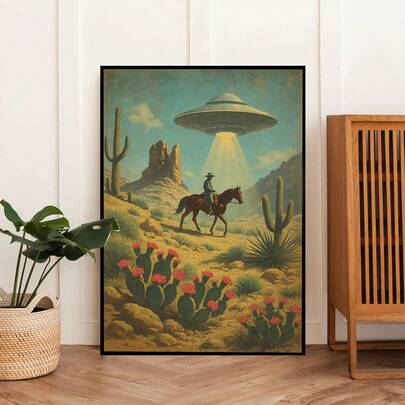 1pc, Canvas Wall Art, Framed Wall Decor, UFO Cowboy Desert Art, Retro Western Sci-Fi Poster, Modern Home Decor, Living Room Wall Decor, Fashion Art, Room Decor, Dorm Decor, Bedroom Decor, Bathroom Decor, Home Decor, Office Decor, Vintage Poster, Dining Room Decor, Aesthetic Art, Gift For Friends, Housewarming Gift, Party Decor