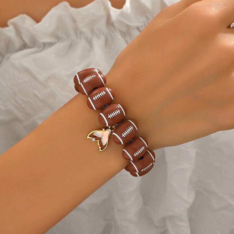 1 pieza Brazalete de cuentas de rugby con estilo deportivo retro de acrílico, a juego para parejas, adecuado para festivales, fiestas y reuniones