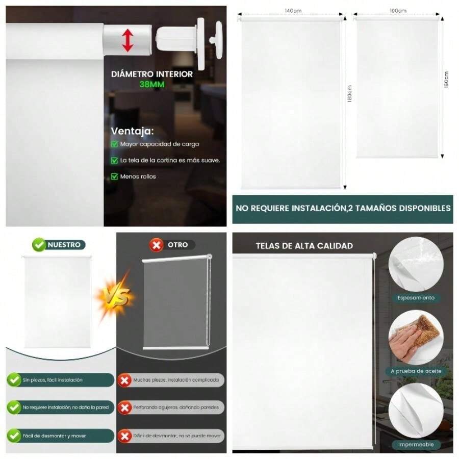 Persianas para Ventanas sin Taladro, Persiana Enrollable 70 Blackout, Persianas Enrollables para Ventana, Cortinas Blackout, Dimetro Interior 38 mm, Polister, para Hogar y Oficina, Blanco, 180CM - 100 cm x 180 cm - Ver 1