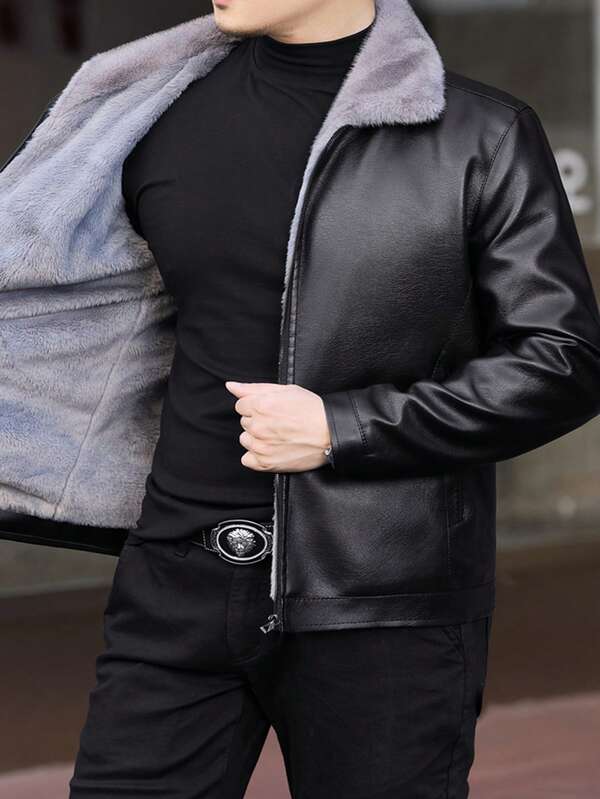 Men's Thickened Fleece Leather Jacket Coat, Thermal Lined, Thickened For Autumn/Winter