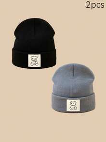 1/2/3pcs Unisex Line Bear Print Knit Beanie Hat, Soft Warm Casual Outdoor Fashion Headwear, Suitable For Daily Wear