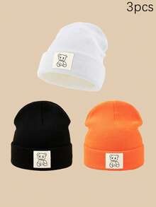1/2/3pcs Unisex Line Bear Print Knit Beanie Hat, Soft Warm Casual Outdoor Fashion Headwear, Suitable For Daily Wear