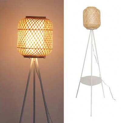 Alpinaluz Aluminum Tripod Floor Lamp With Bamboo Wicker Shade And Diffuser With Tray Table For Living Room Bedroom E27