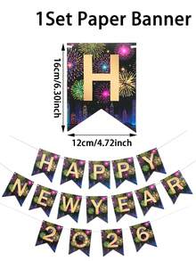 1 套 2026 年新年快乐纸质横幅彩旗、新年悬挂装饰拉旗、新年悬挂横幅、冬季假期新年派对墙面装饰、新年壁炉悬挂装饰、家居装饰、房间装饰、新年派对背景装饰、新年派对用品、2026 年新年快乐装饰 - 新年黑彩煙火 - 查看 4