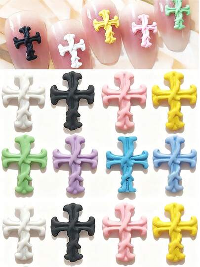 24pcs Y2K Macaron Alloy Cross Nail Accessories, Dark Sweet Cross Metal Nail Decorations