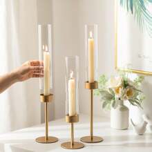 3pcs Set Gold Glass Hurricane Candle Holders - Transparent Glass Cone Cylinder Tabletop Centerpiece Decor For Wedding, Party, Birthday, Christmas, Home Decoration