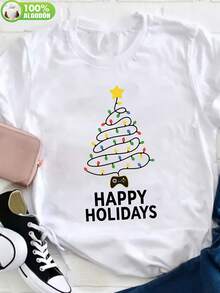 Camiseta-Casual-de-Mujer-Blanca-100%-con-Estampado-deño--Árbol-y-Felices-Fiestas----Cuello-Redondo,-Manga-Corta,-Diseño-Brillante-e-Imitación-a-Oro-en-Forma-de-Estrella,-Cómoda-para-Todo-el-A 100% algodón - Blanco - Ver 2