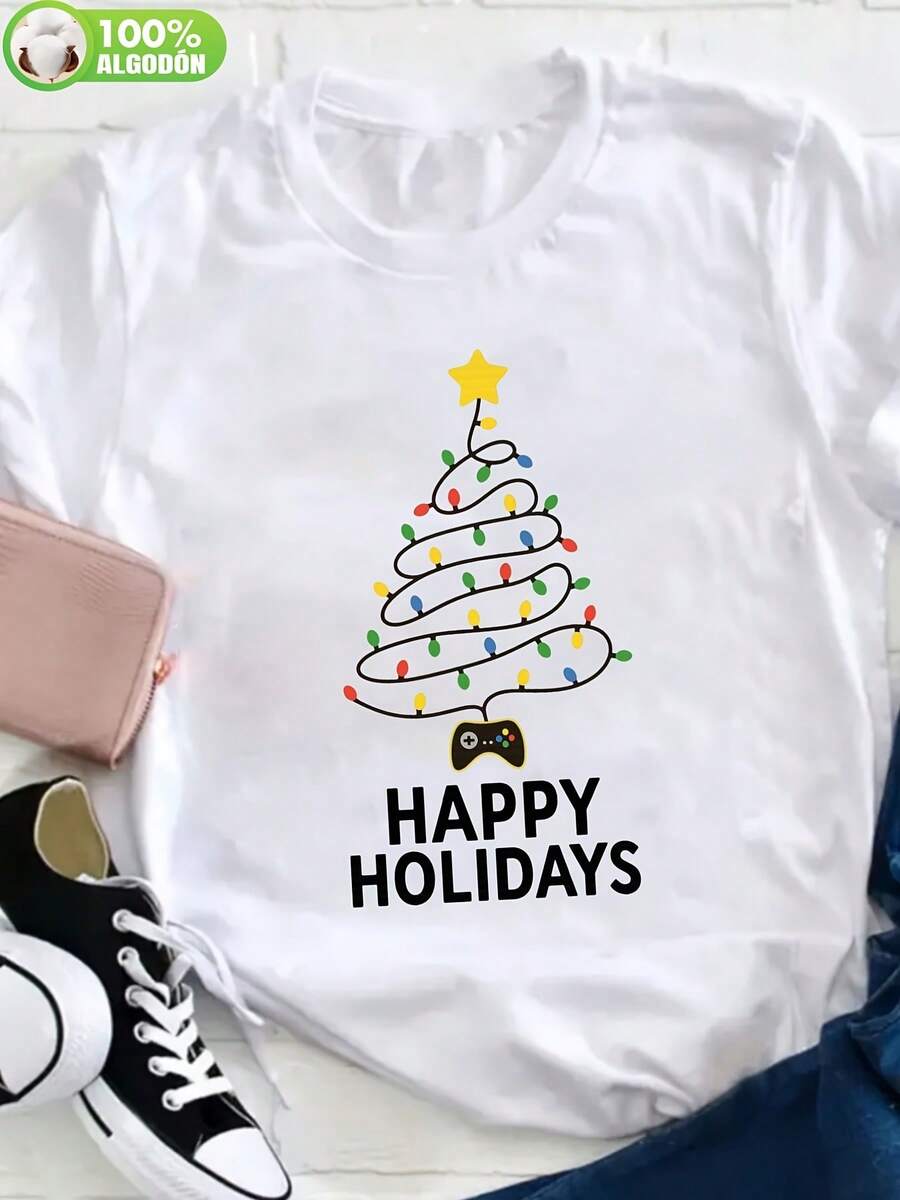 Camiseta-Casual-de-Mujer-Blanca-100%-con-Estampado-deño--Árbol-y-Felices-Fiestas----Cuello-Redondo,-Manga-Corta,-Diseño-Brillante-e-Imitación-a-Oro-en-Forma-de-Estrella,-Cómoda-para-Todo-el-A 100% algodón