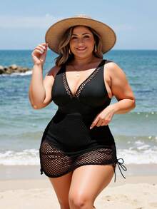 Swim Lushoire Bộ đồ liền thân một mảnh màu trơn cỡ lớn có thể điều chỉnh cho kỳ nghỉ hè trên bãi biển dành cho nữ - màu đen - Xem 3