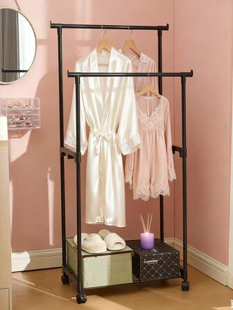 1pc Large Capacity Approx. 130cm Tall Ins Girly Luxurious Black (White) Metal Double Rail Floor Clothes Rack With Flexible Swivel Casters & (Single) Dual-Layer Hanging Rod + Bottom Storage Shelf, Convenient To Move And Sturdy Support, Top Layer Can Easily Hang Silk Robes, Lace Loungewear And More, Bottom Storage Shelf Can Neatly Store Fabric Storage Boxes, Elegant Gift Boxes, And Place Scented Candles, Plush Slippers Etc.