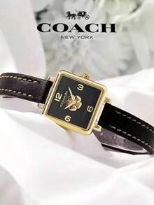 Coach Cass Black Square Dial Black Leather Strap Watch For Women - Black - View 4