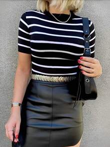 Luxury Modal High Elasticity Short Sleeve Striped Blouse - màu đen - Xem 3