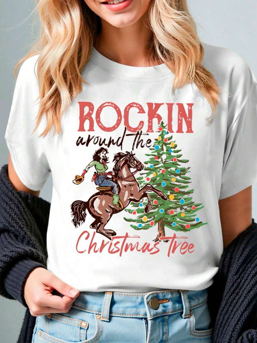 Playera navideña casual con estampado "Rockin Around the Christmas Tree", moderna, cómoda y divertida - Blanco - Ver 1