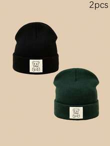 1/2/3pcs Unisex Line Bear Print Knit Beanie Hat, Soft Warm Casual Outdoor Fashion Headwear, Suitable For Daily Wear