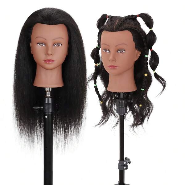 Human Hair Mannequin Head 16 Inch Training Head Manikin Cosmetology Doll Head For Hairdresser Practice Braiding Hair Styling With Clamp Stand Kinky Straight Hair(16 Inch)