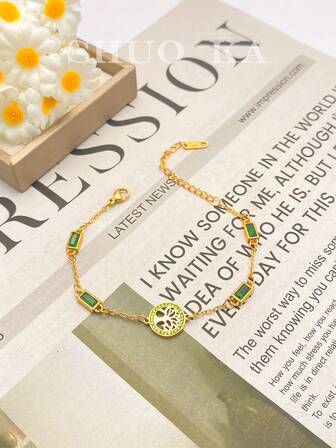 1pc Women's Stainless Steel Life Tree Bracelet With Green Crystal Accents